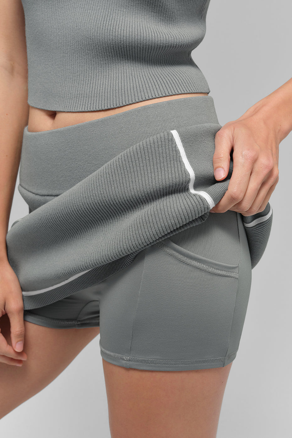 Ribbed Sweater Knit Highline Mini Skirt - Lunar Grey/White--1