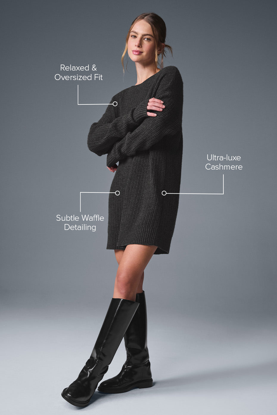 Cashmere Plush Waffle Dress - Dark Heather Grey--1