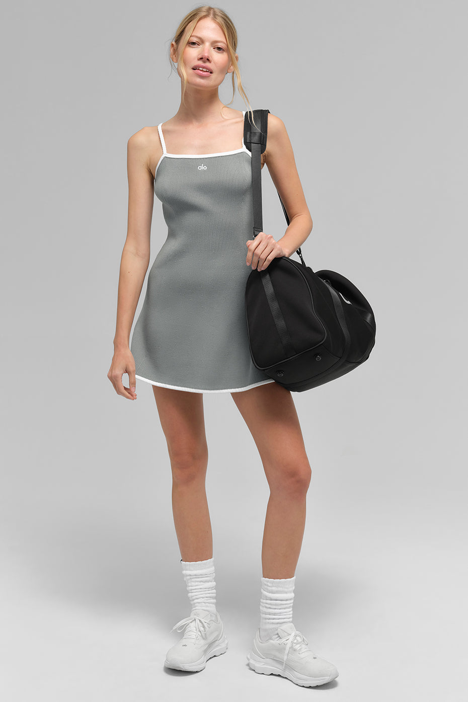 Ribbed Sweater Knit Highline Dress - Lunar Grey/White--3
