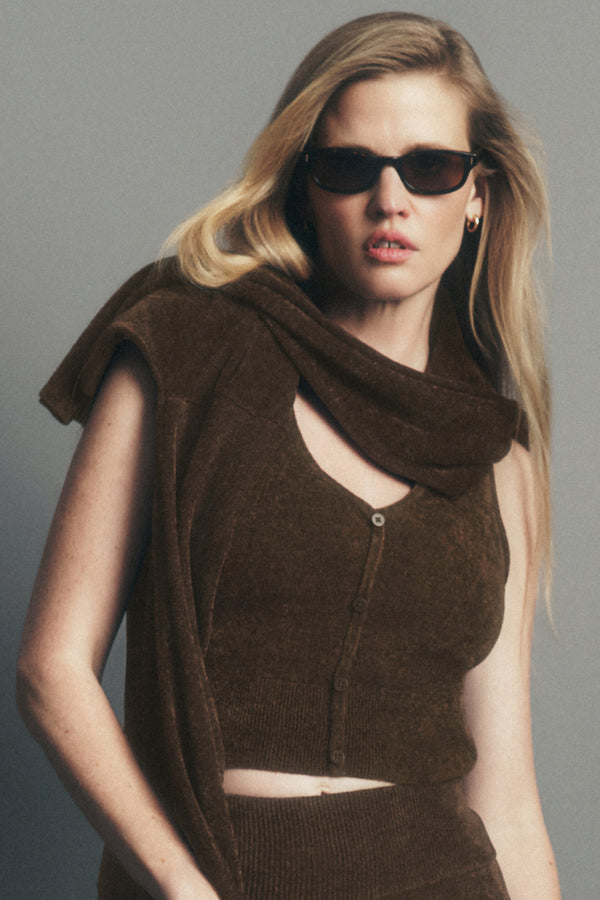 Micro Chenille Button Down Tank - Espresso