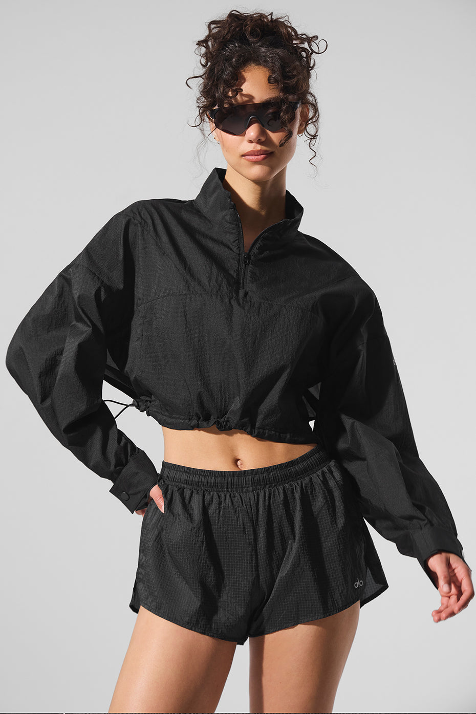 Cropped 1/4 Zip Aerial Pullover - Black--0