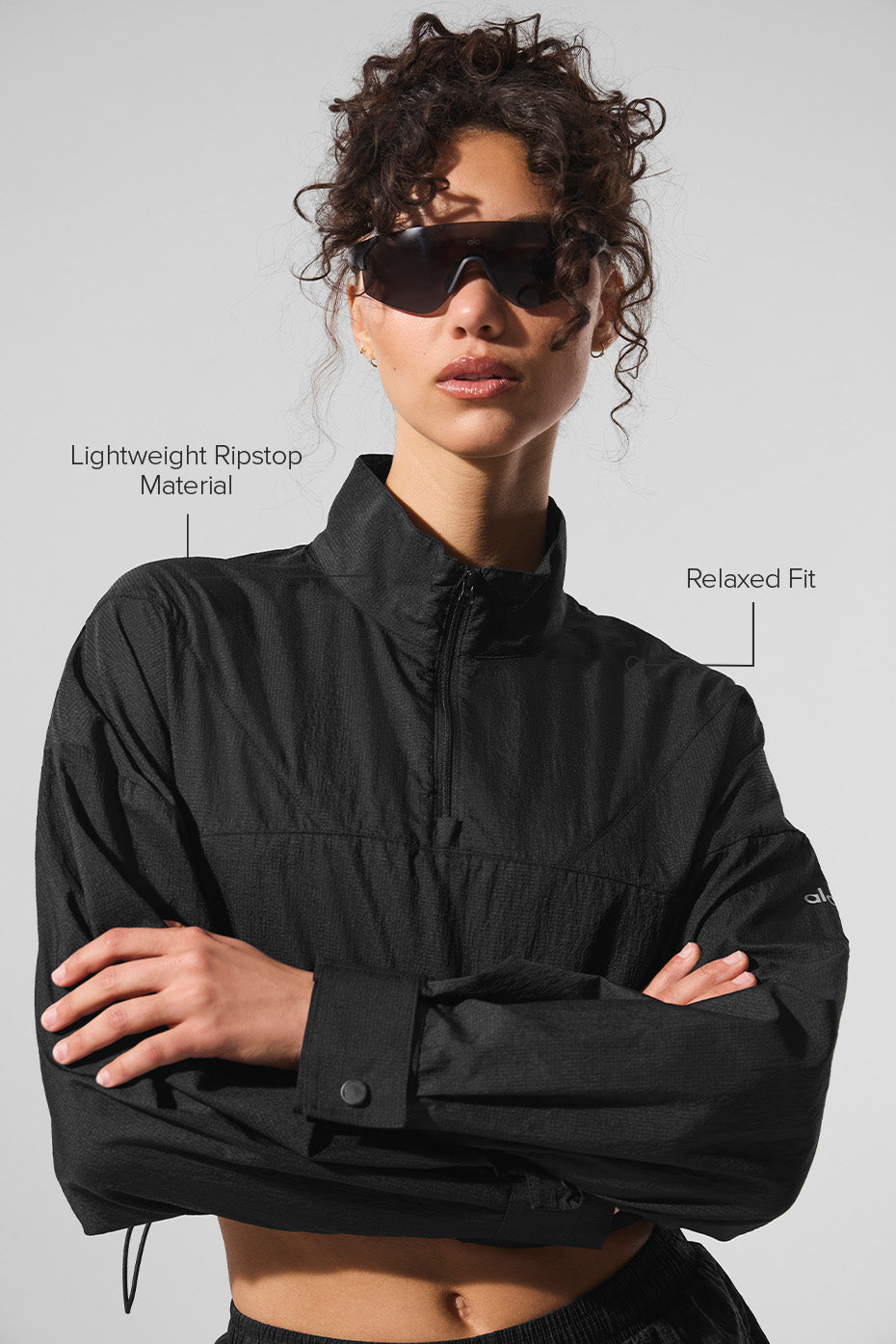 Cropped 1/4 Zip Aerial Pullover - Black--1